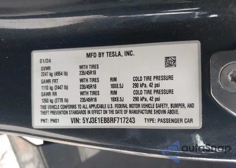 2024 Tesla Model 3 Long Range Dual Motor All-Wheel Drive из США, поврежденный, VIN 5YJ3E1EB8RF717243